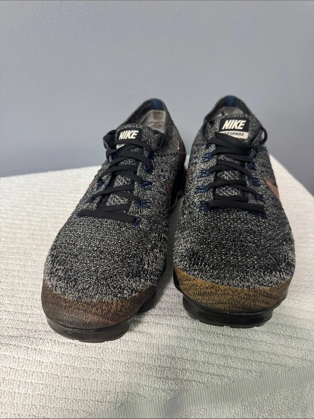 Nike Flyknit VaporMax Sneakers in Black and Rose Gold Swoosh, W size 10.5, M 9.